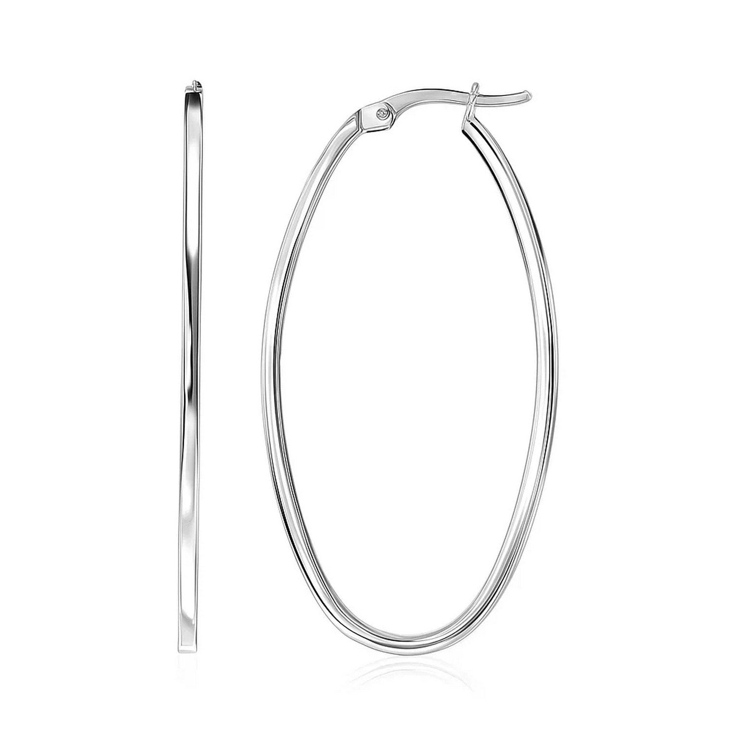 14k white gold slim oval hoop earrings with a snapback closure.