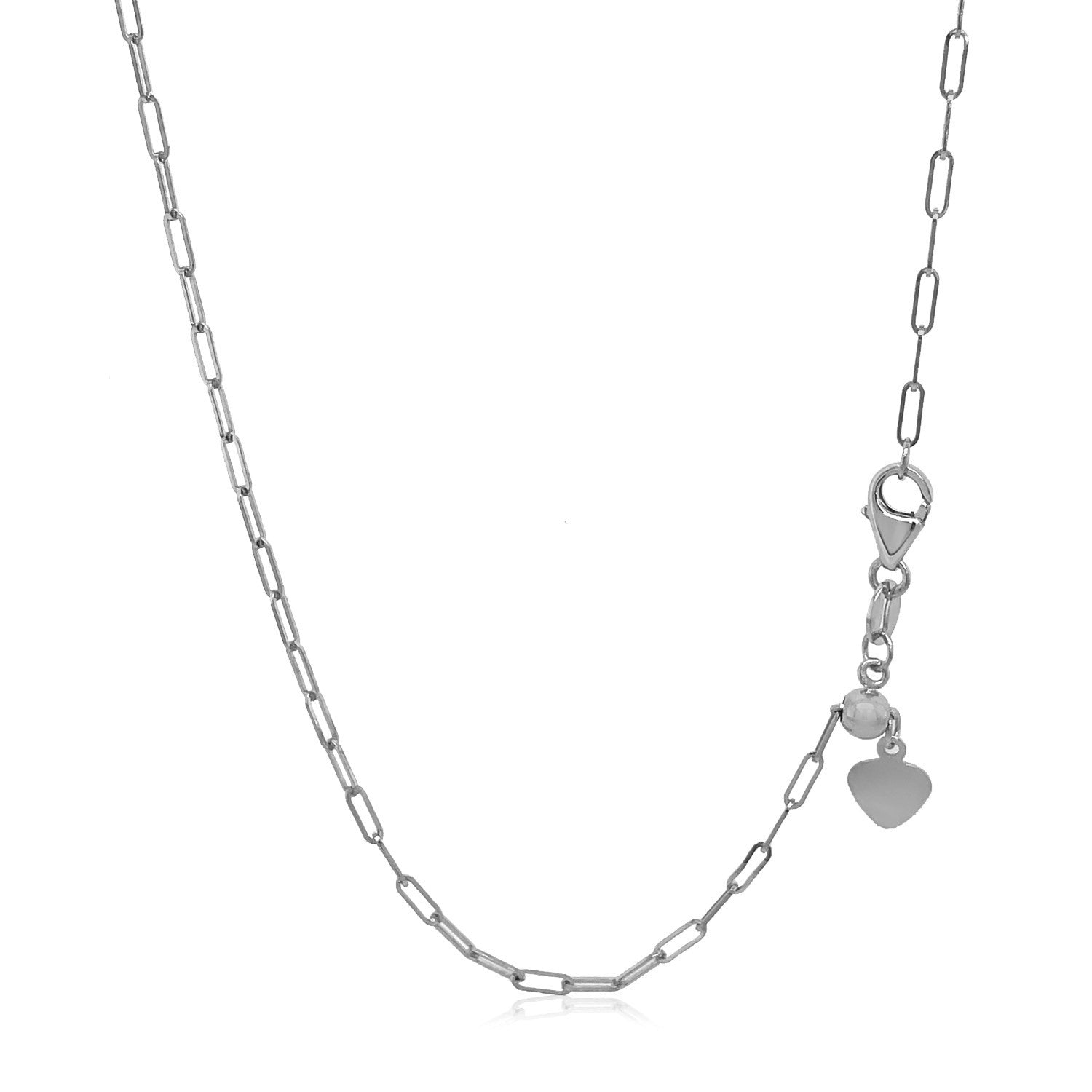 14k white gold adjustable paperclip chain with a heart dangle accent.