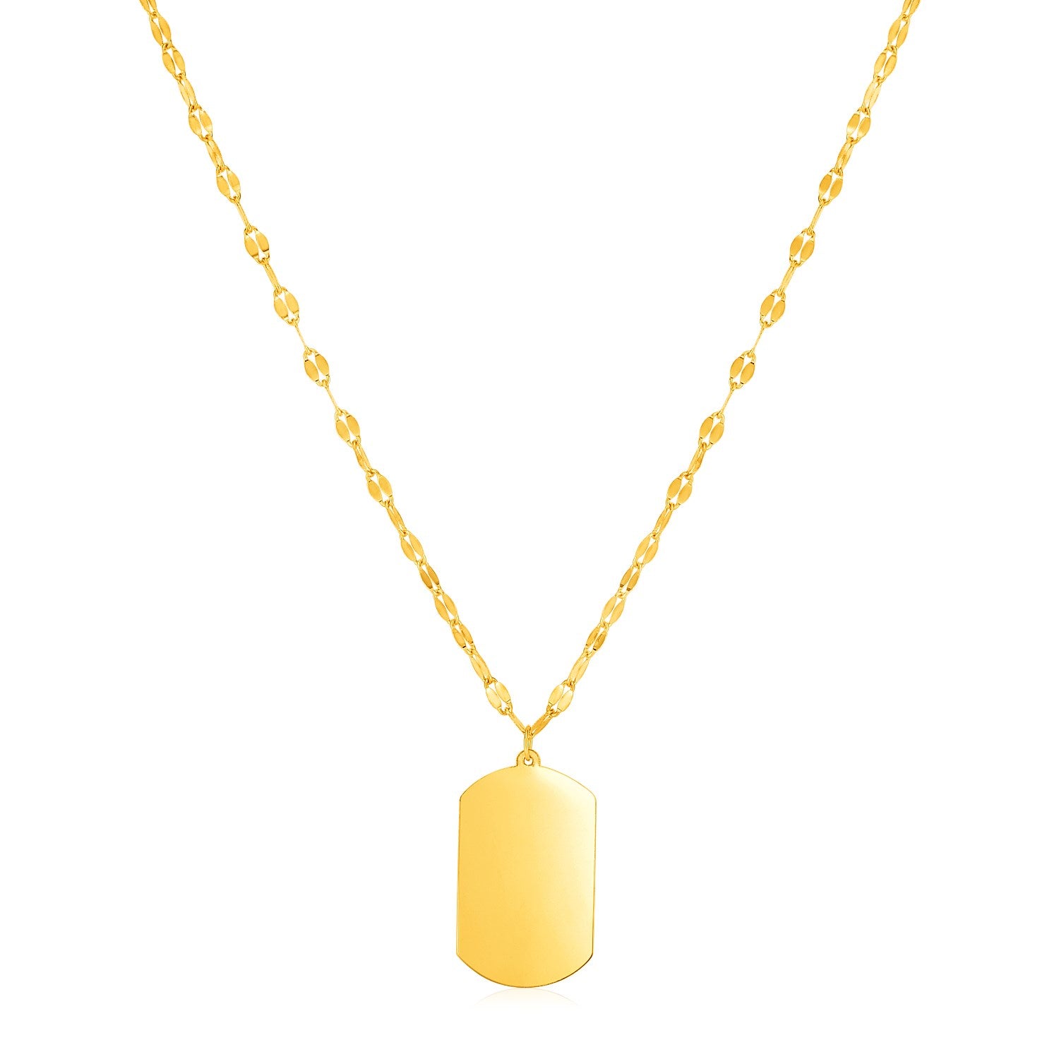 14K yellow gold dog tag necklace with a polished mirror chain.