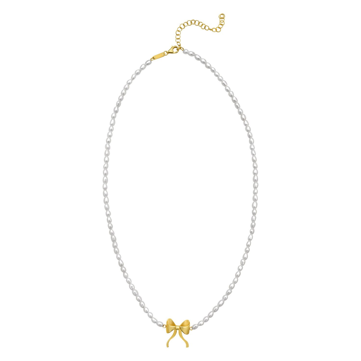14K yellow gold bow and pearl necklace with a lobster clasp.