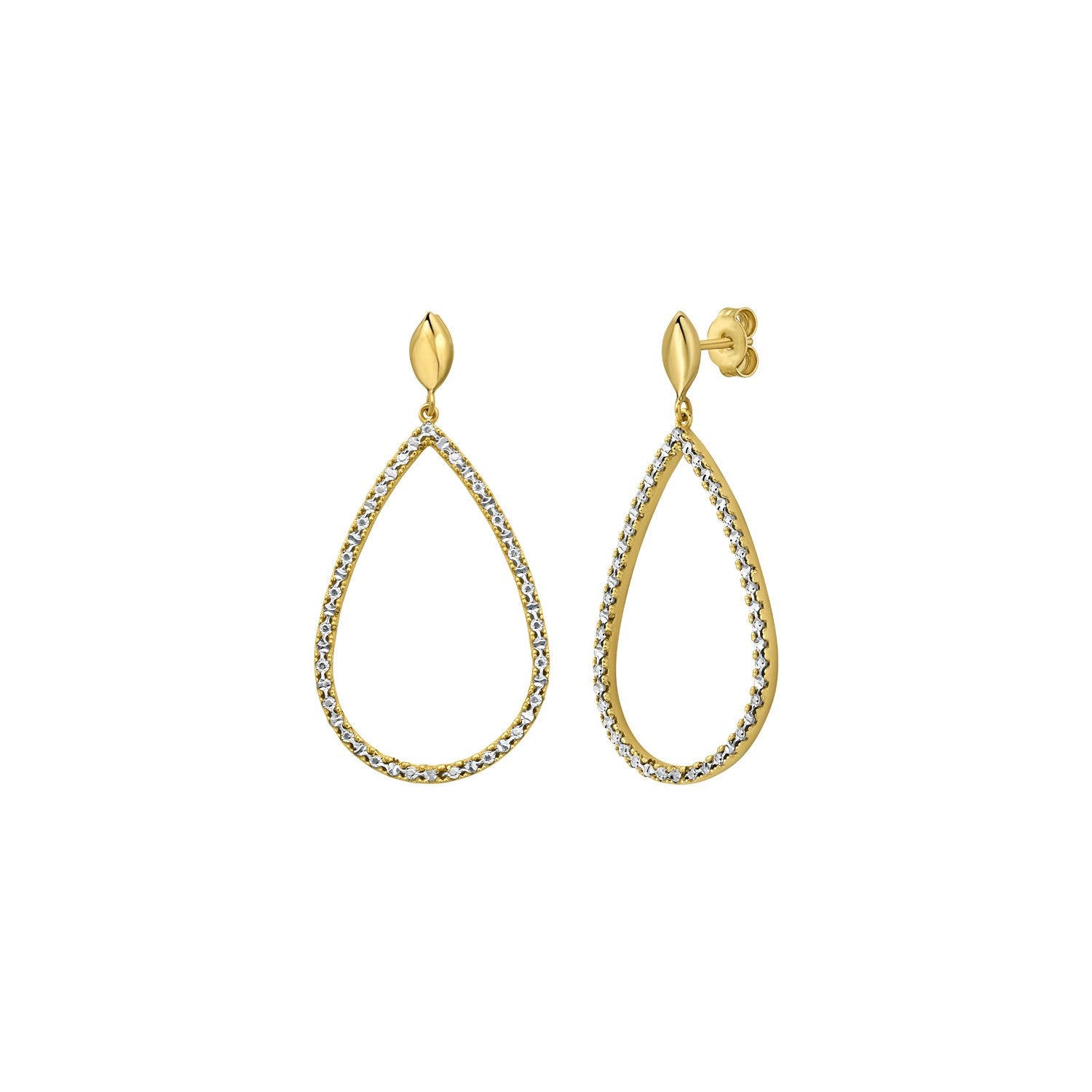 14K two-tone gold Diamon'Oro marquise earrings with a polished finish and push-back closure.