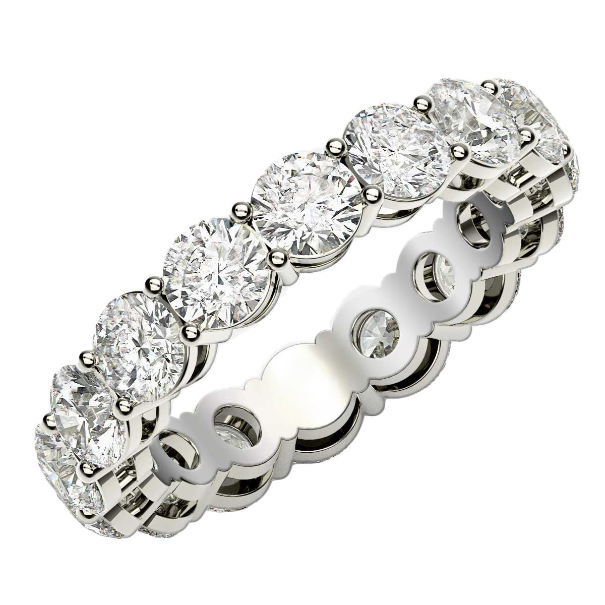 Round cut lab grown diamond eternity ring in 14k white gold with common prong setting.