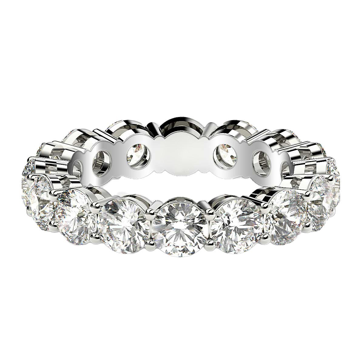 Round cut lab grown diamond eternity ring in 14k white gold with an open gallery.