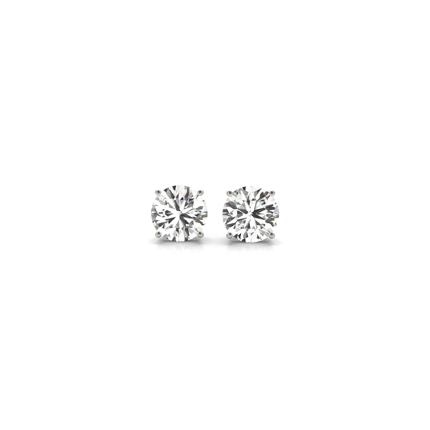 Two round lab-grown diamond stud earrings in 14k white gold with four-prong settings.