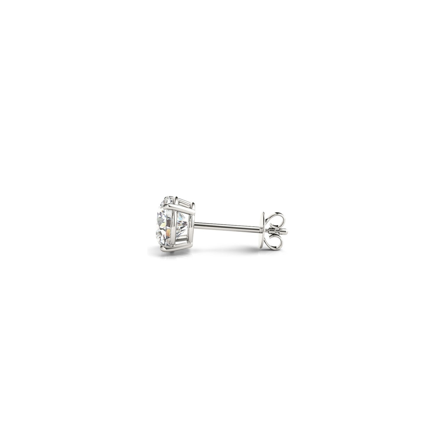 A single round lab-grown diamond stud earring in a four-prong white gold setting with a push back.