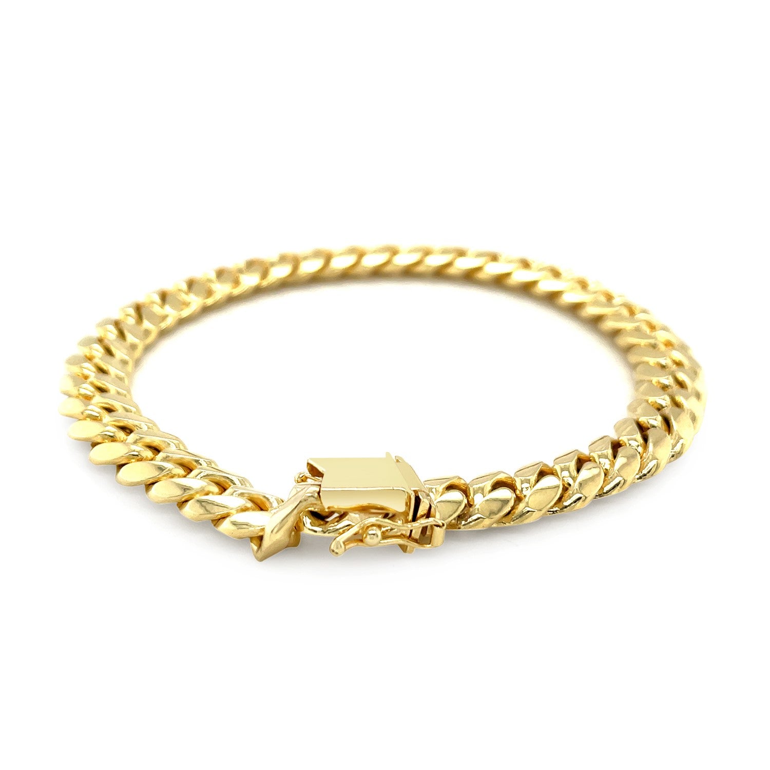 14k yellow gold classic Miami Cuban solid bracelet with a box clasp.