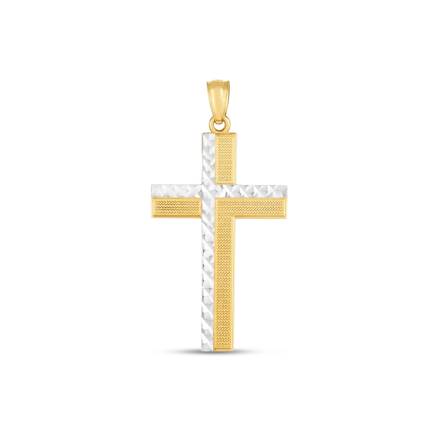 14k two-tone gold diamond-cut cross pendant with a high polish finish.