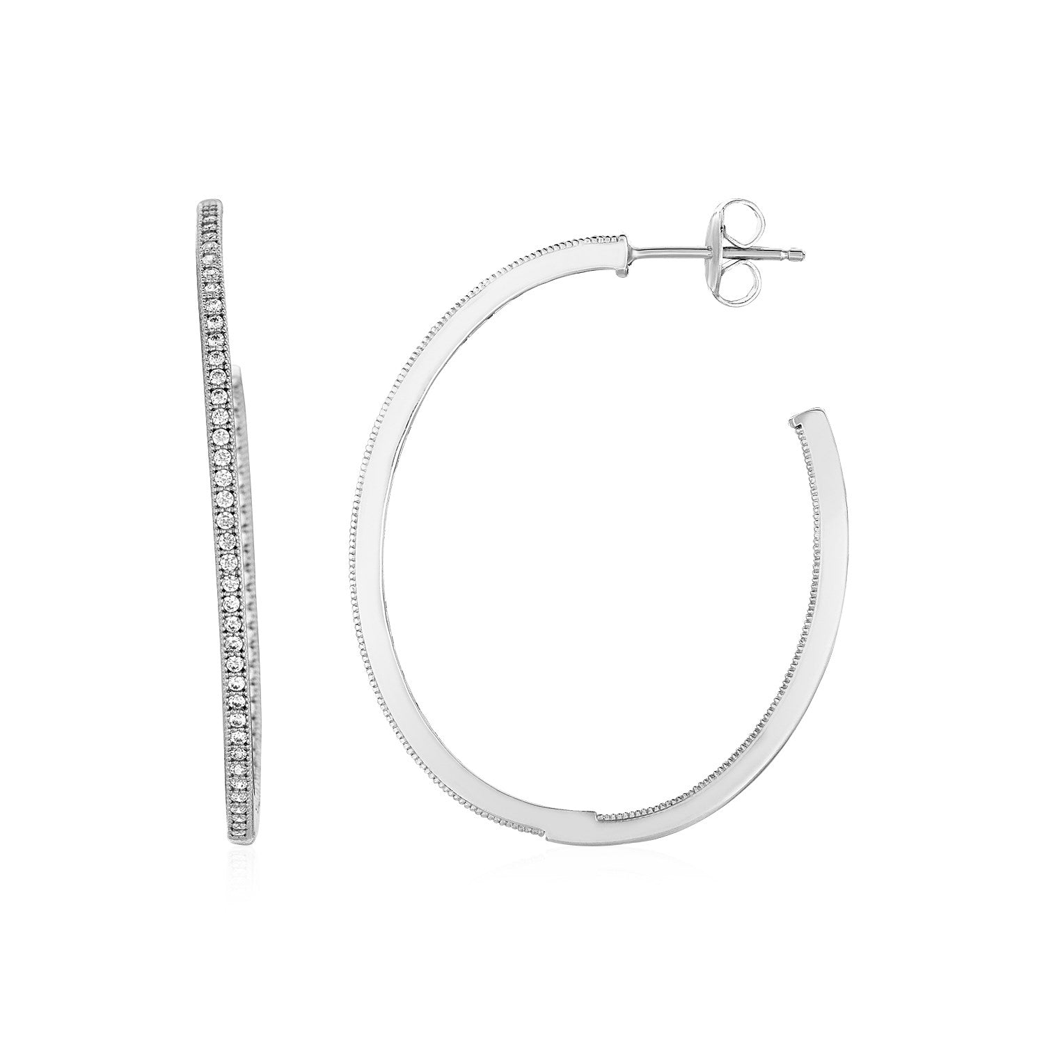 Large oval sterling silver hoop earrings with a row of cubic zirconia.