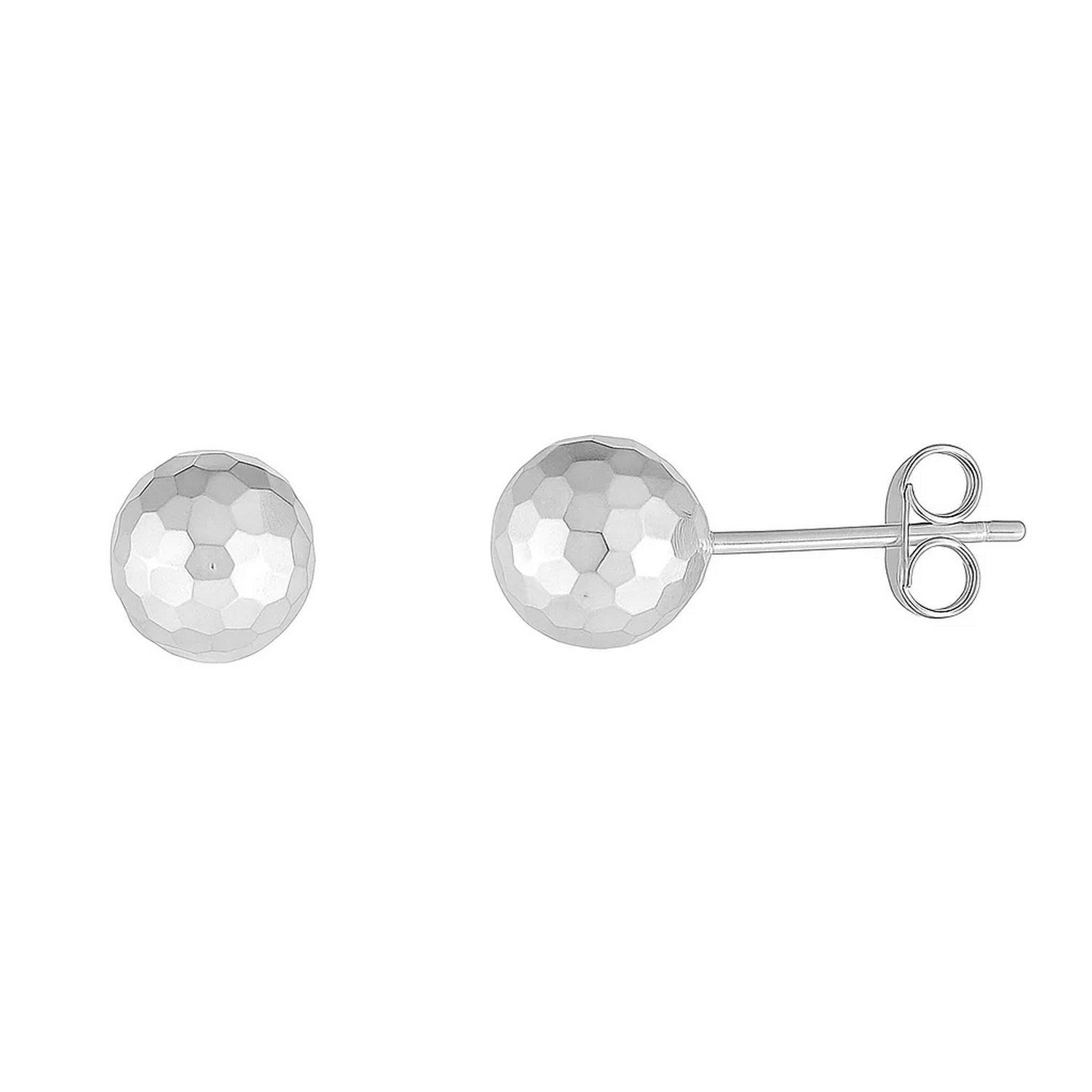 Two 14k white gold ball earrings with a faceted texture and pushback clasps.