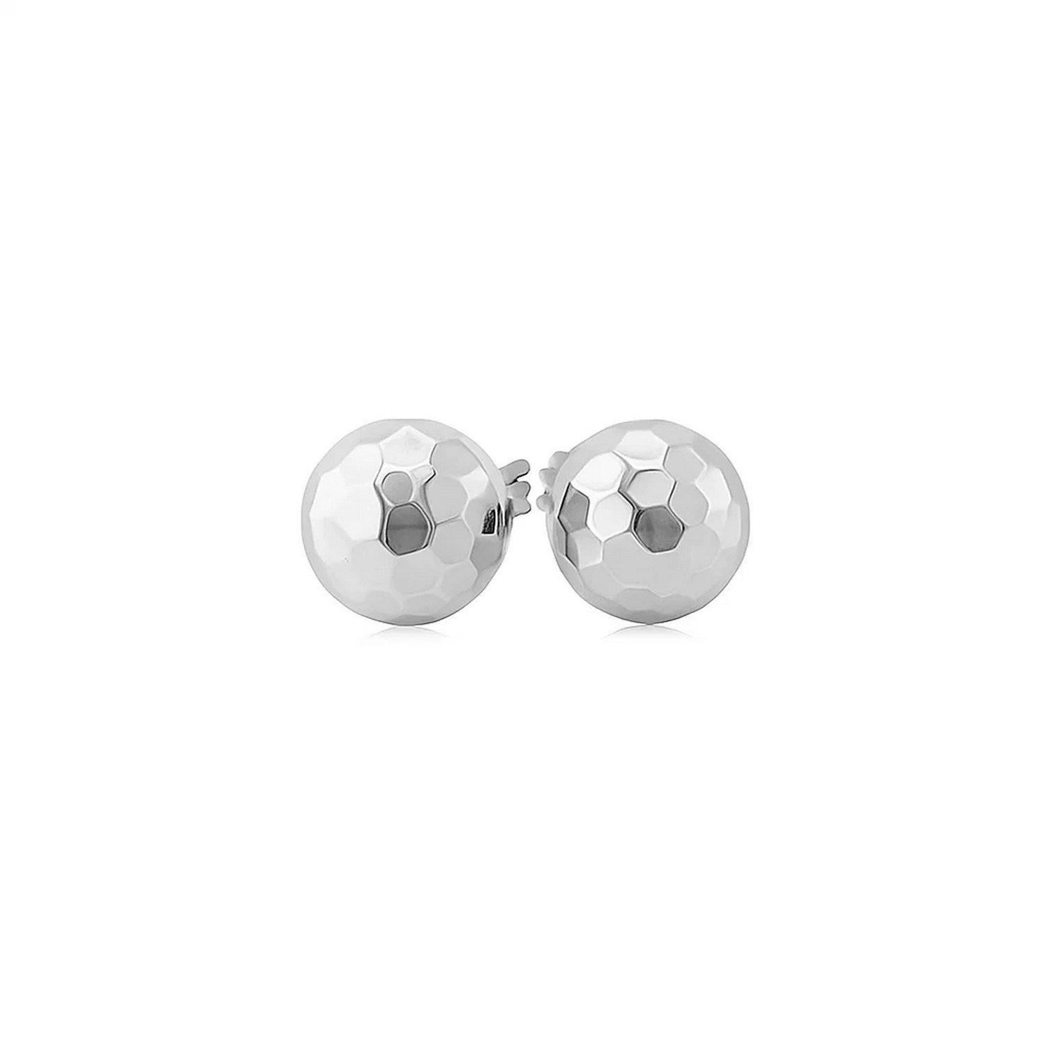 14k white gold ball earrings with a faceted texture and pushback clasps.