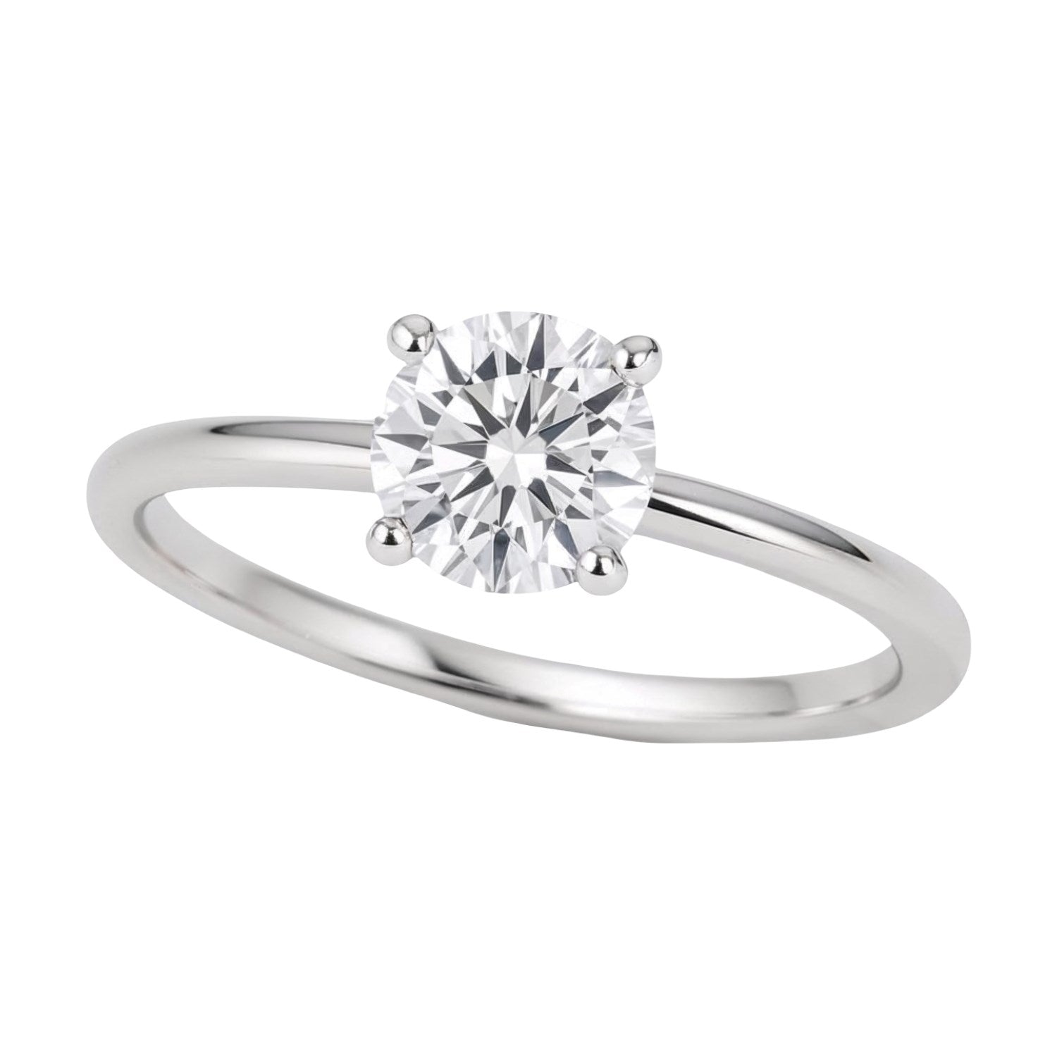 A sterling silver solitaire ring with a round lab-grown diamond in a four-prong setting.