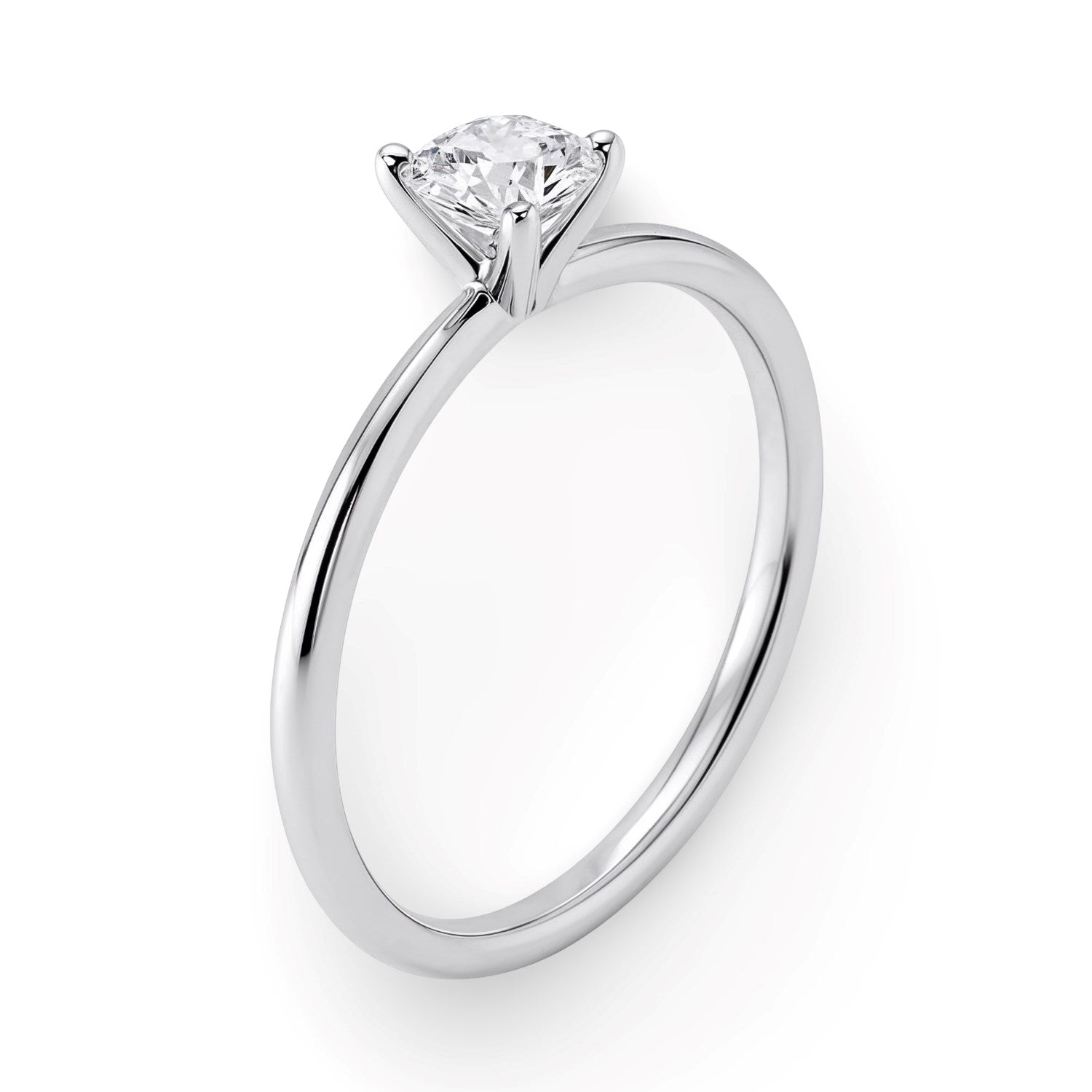 Sterling silver solitaire ring with a round lab-grown diamond in a four-prong setting.