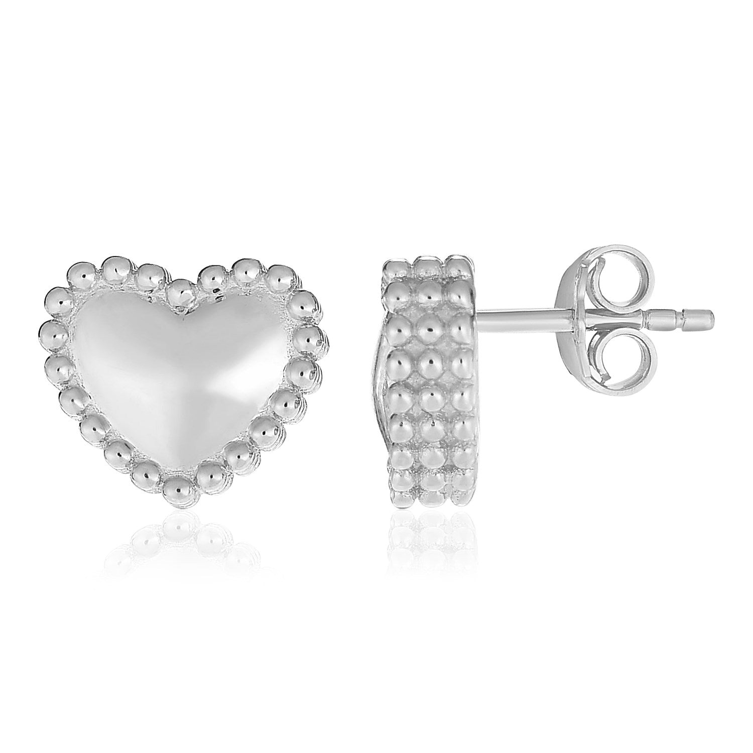 Sterling silver beaded heart earrings with pushback clasps.