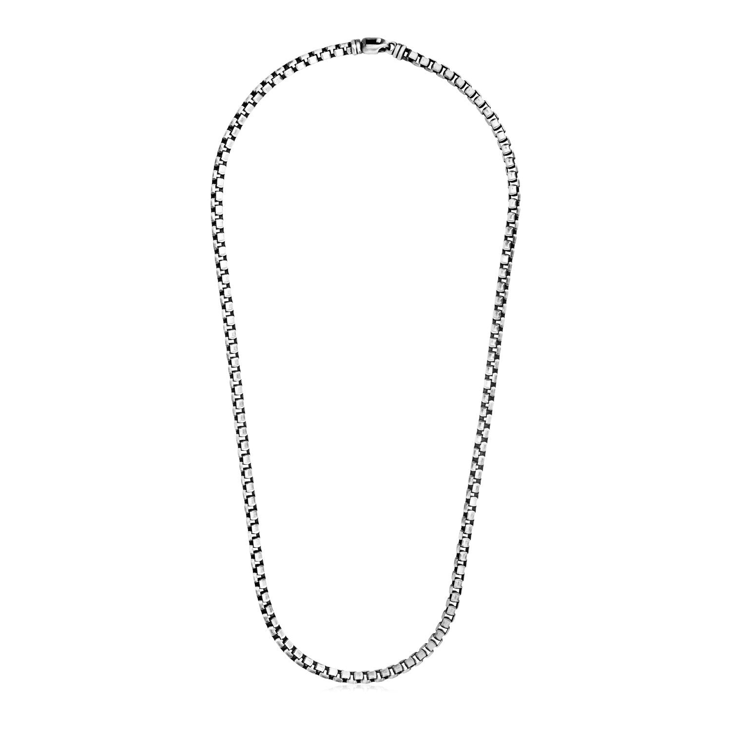 Sterling silver gunmetal finish round box chain necklace with a lobster clasp.