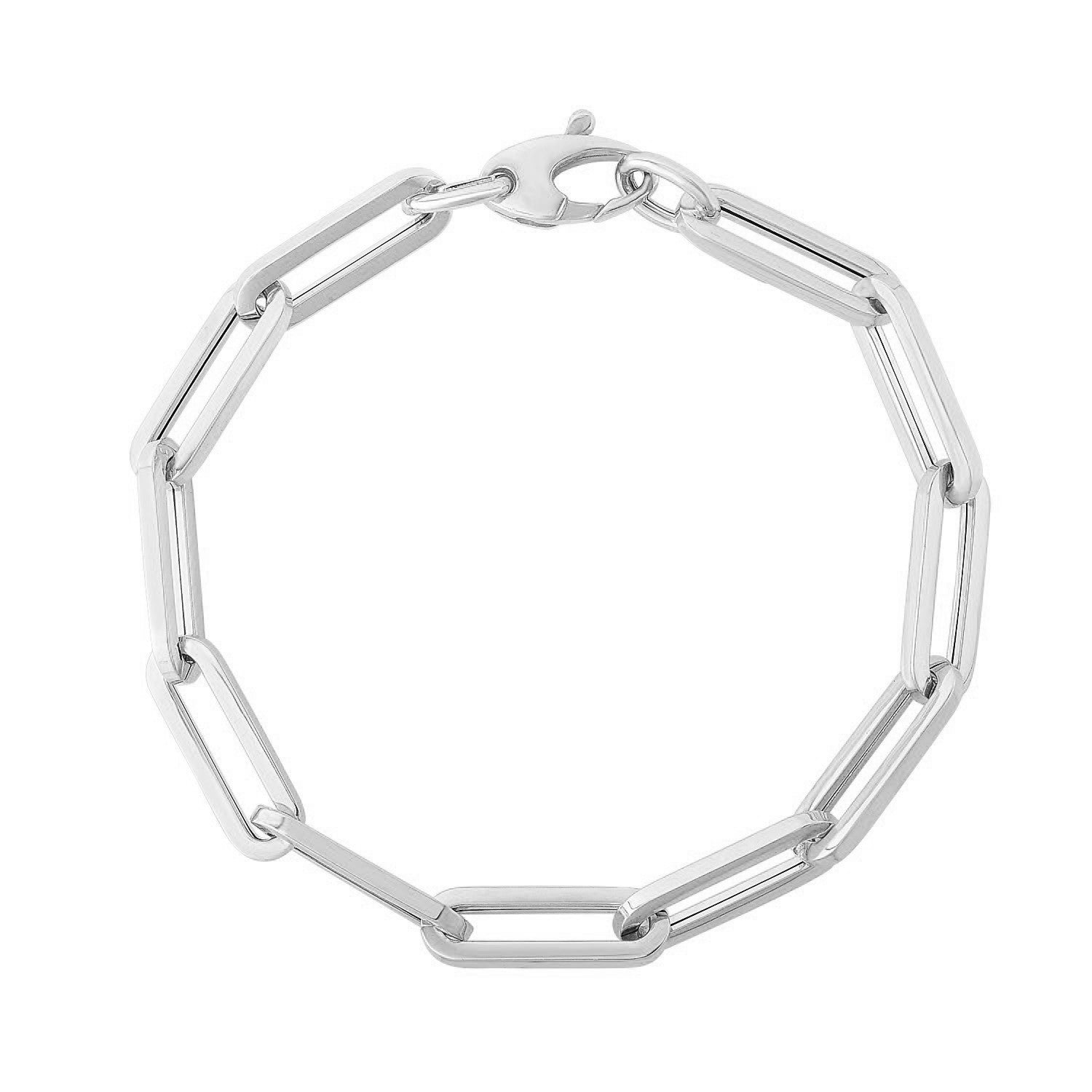 14K white gold extra wide paperclip chain bracelet with a lobster clasp.