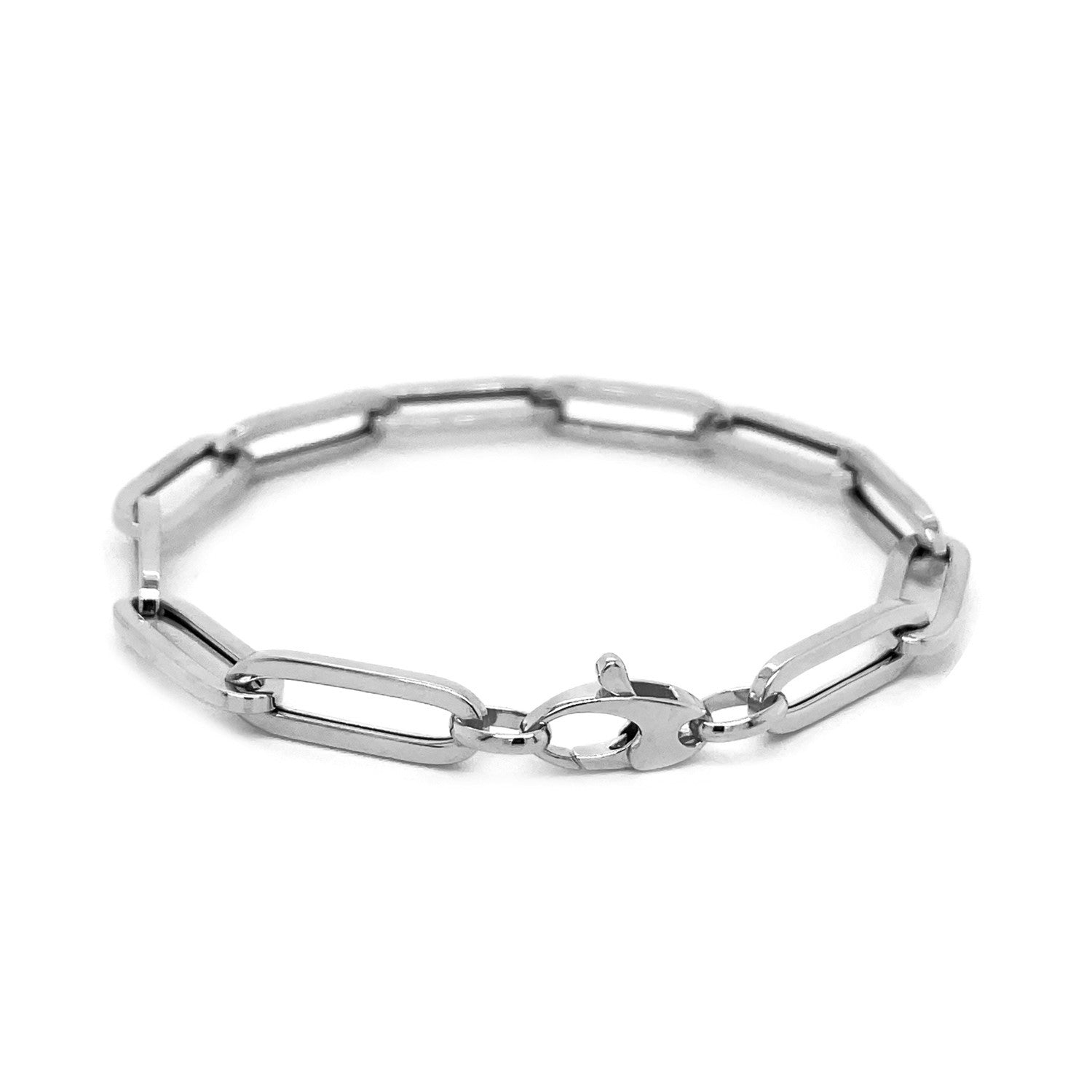 14K white gold extra wide paperclip chain bracelet with a lobster clasp.
