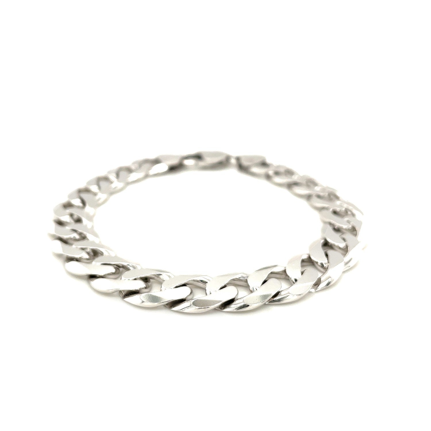Rhodium-plated sterling silver curb style bracelet with a lobster clasp.