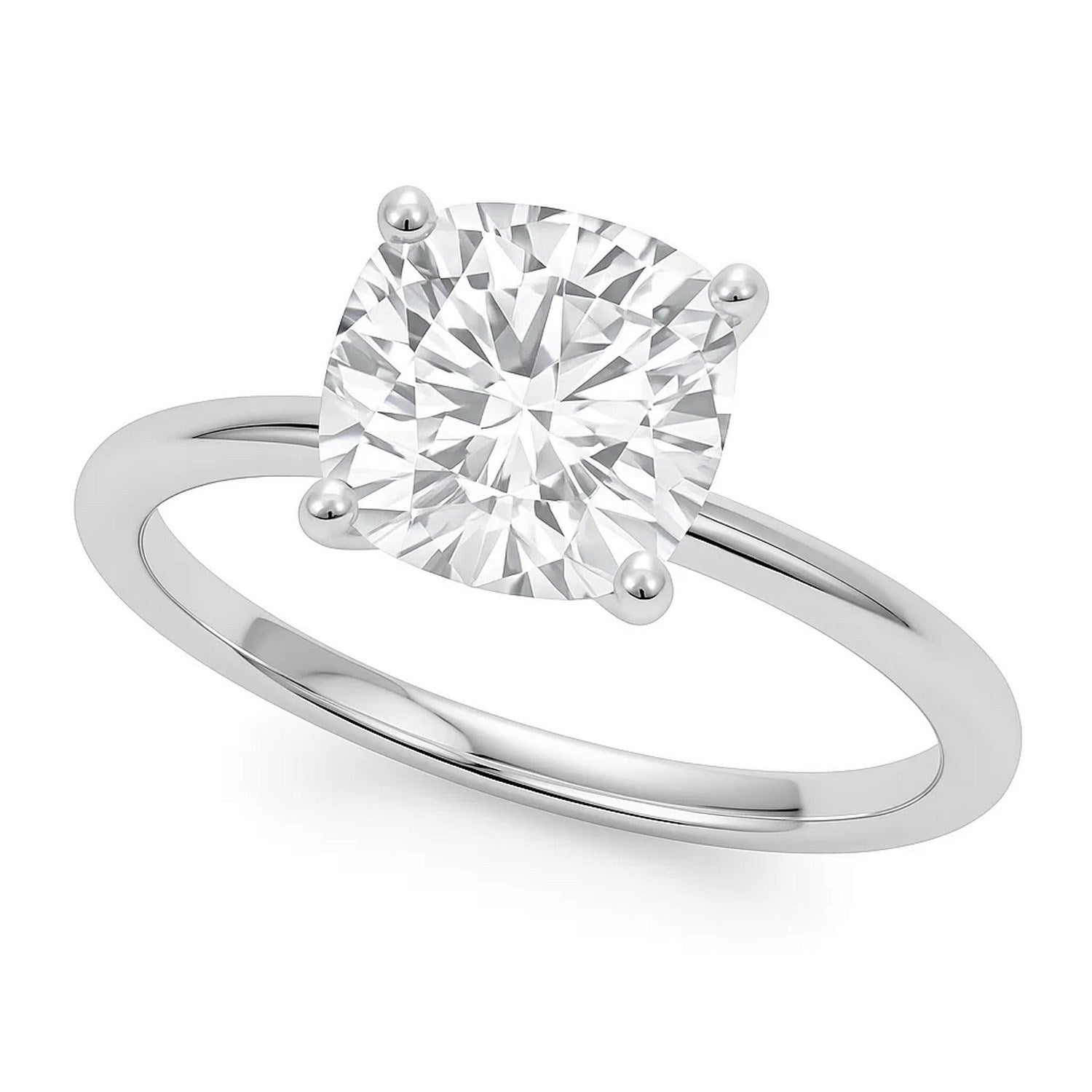 A 14K white gold solitaire ring with a cushion-cut lab-grown diamond.
