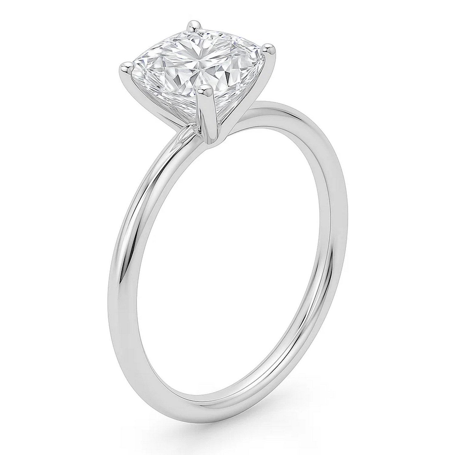 A 14K white gold solitaire ring with a cushion-cut lab-grown diamond.