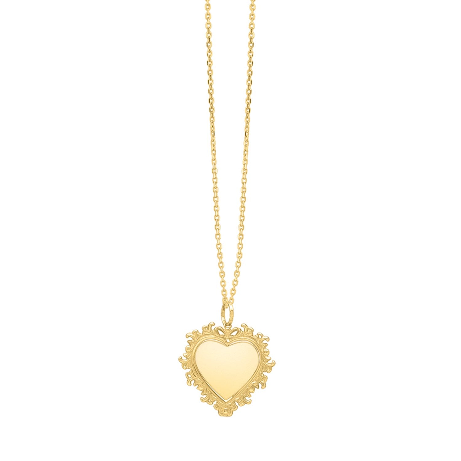 Baroque heart necklace in 14K yellow gold with a delicate lace-like trim.