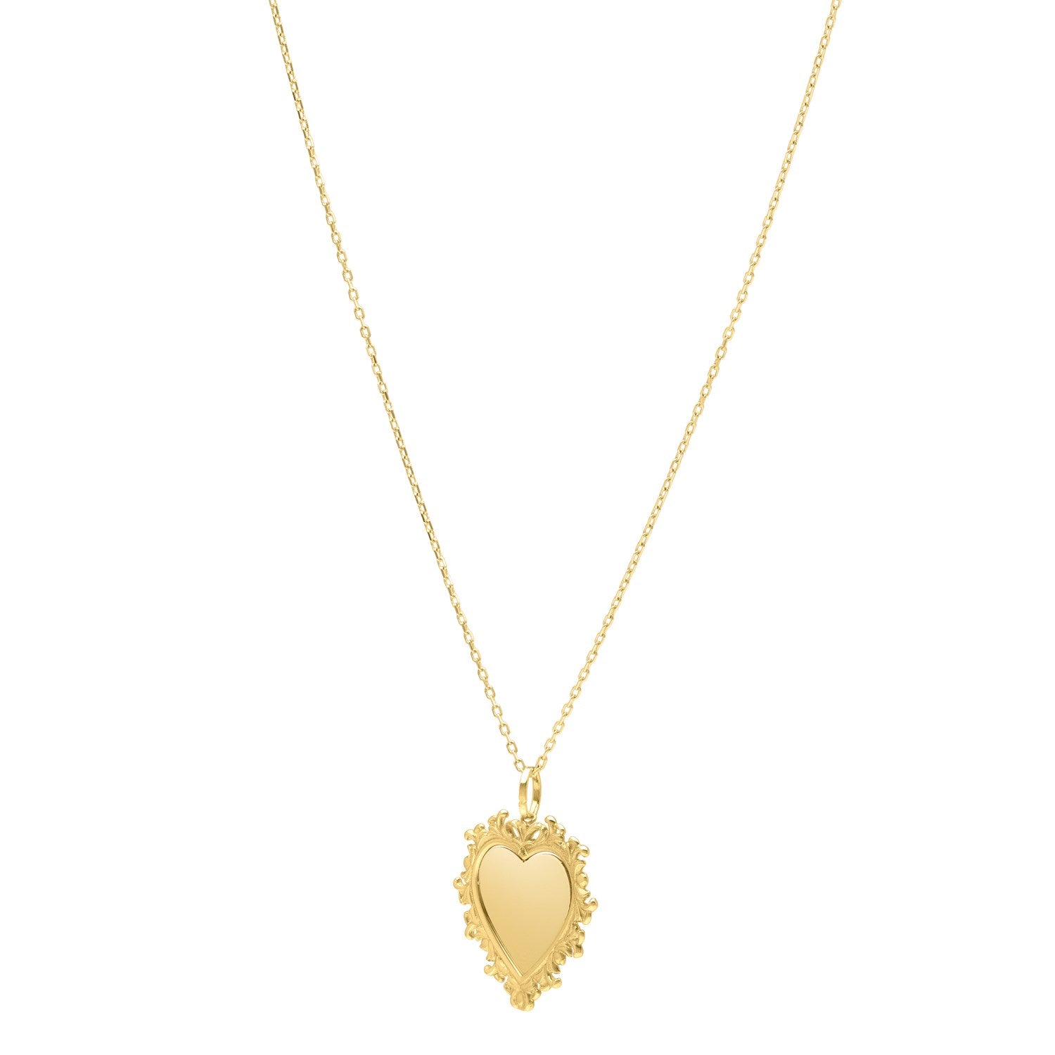 A 14K yellow gold baroque heart necklace with a delicate lace-like trim.