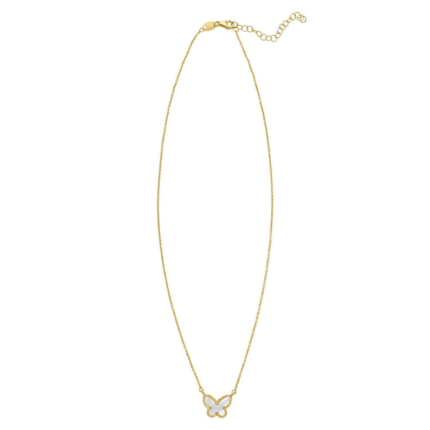 A 14K yellow gold necklace with a mother of pearl butterfly pendant.