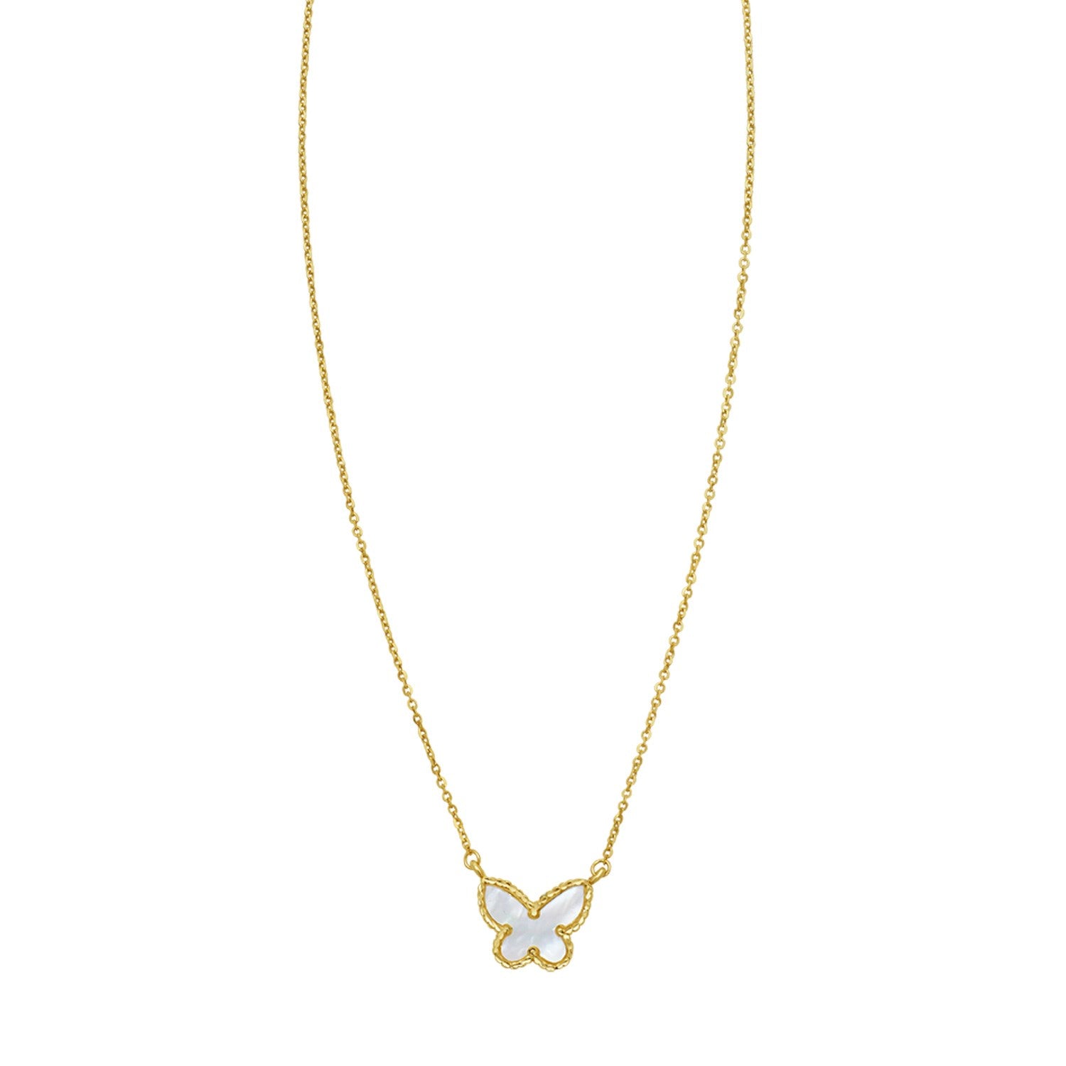14K yellow gold necklace with a mother of pearl butterfly pendant.