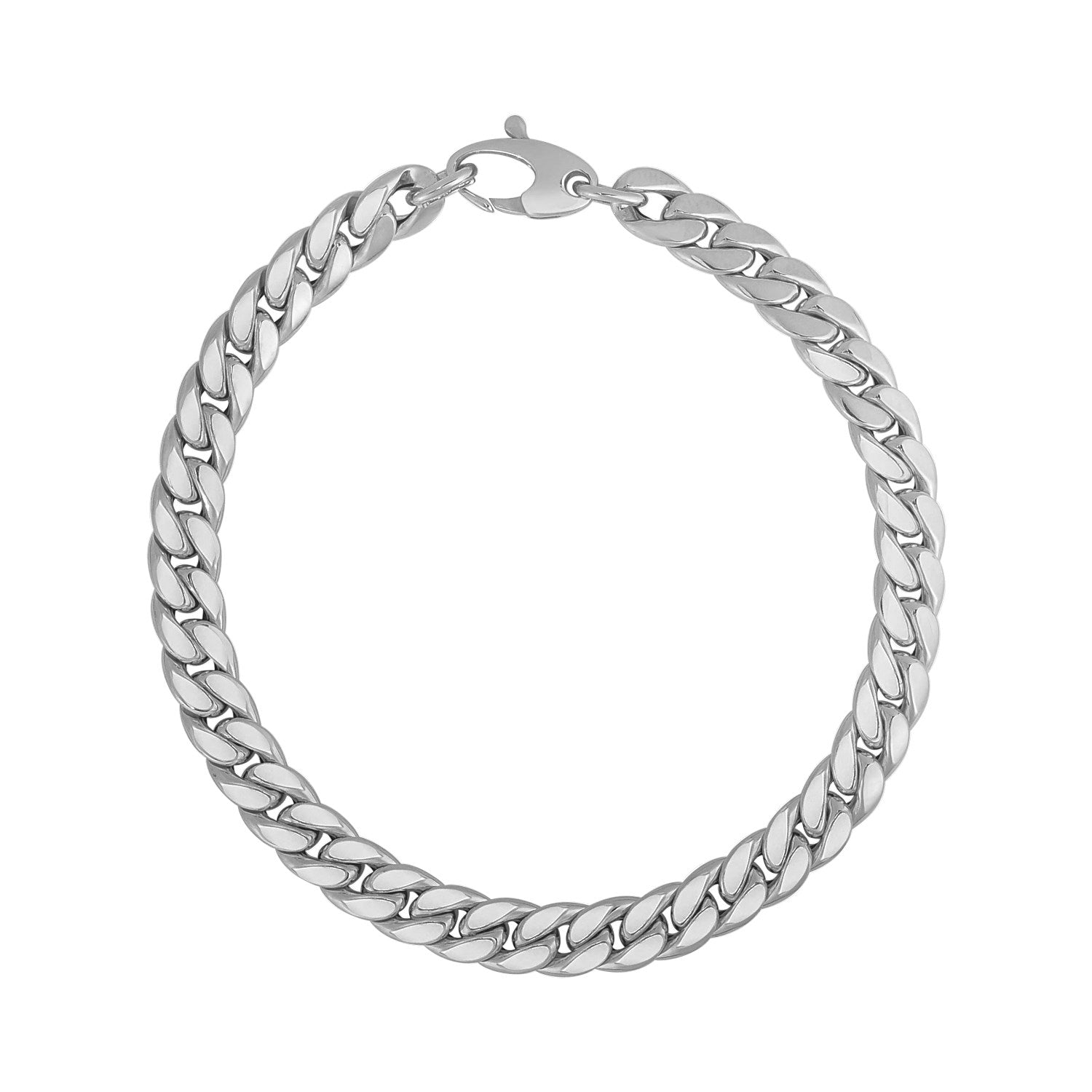 14K white gold Cuban link bracelet with a lobster clasp.