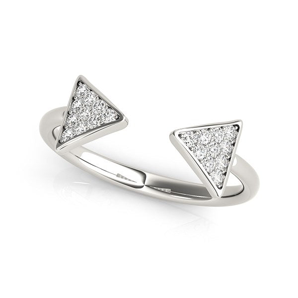 14k white gold open ring with two diamond-encrusted arrowheads.