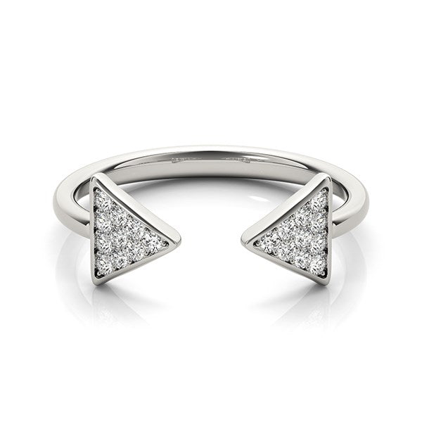 14k white gold open ring with two diamond-studded arrowheads.