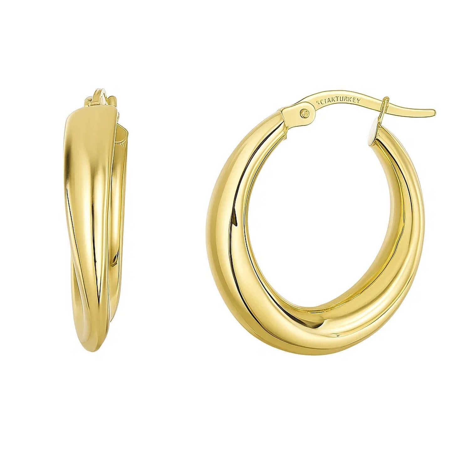 Two 14k yellow gold oval hoop earrings with hinged snap backs.