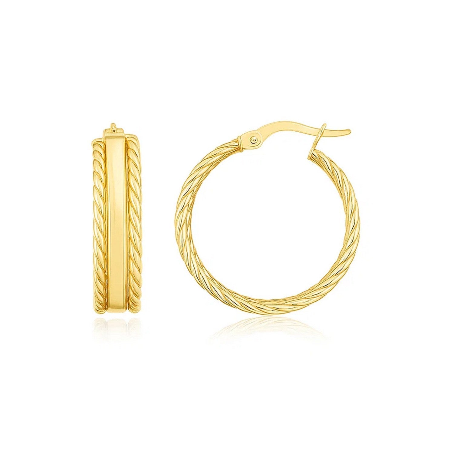 14K yellow gold triple row hoop earrings with a hinged clasp.