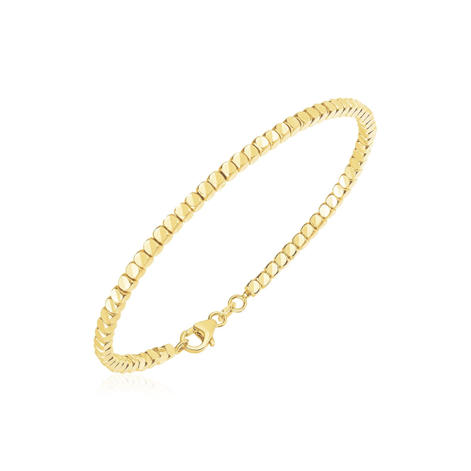 14k yellow gold high polish bead cuff bangle with a lobster clasp closure.