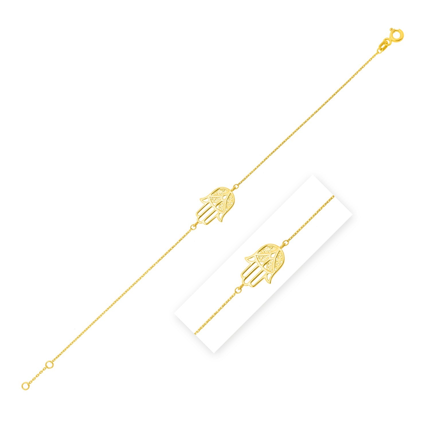 14k yellow gold hamsa bracelet with a lobster clasp.