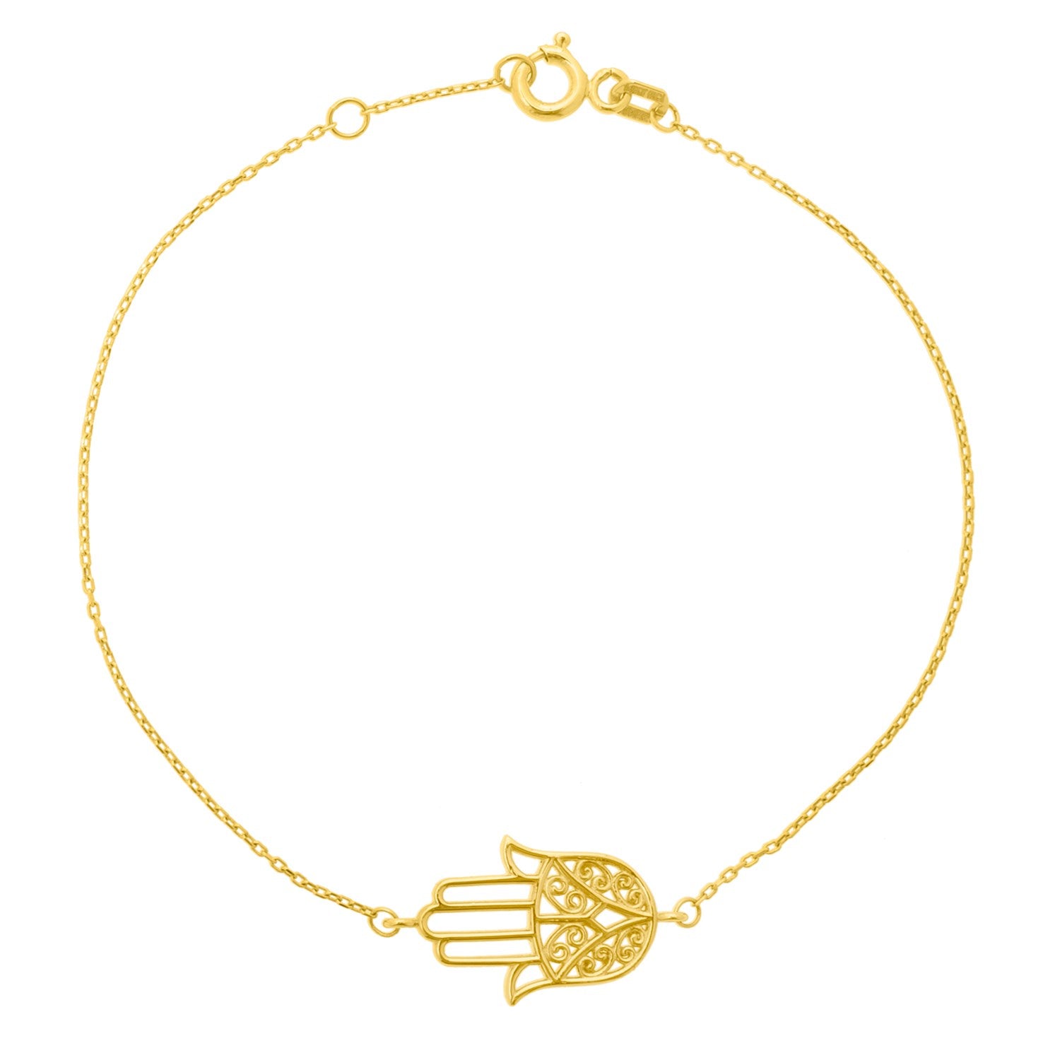 14k yellow gold hamsa bracelet with a delicate chain and lobster clasp.
