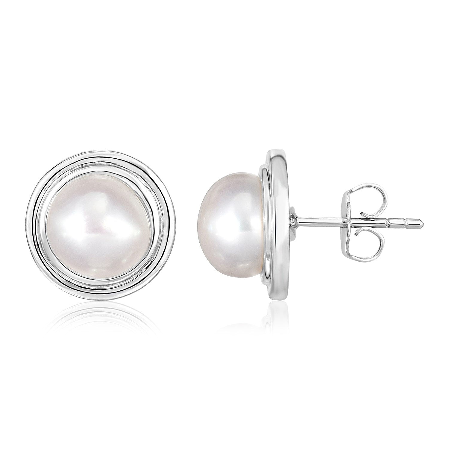 Sterling silver round polished earrings with a pearl, shown from front and side.