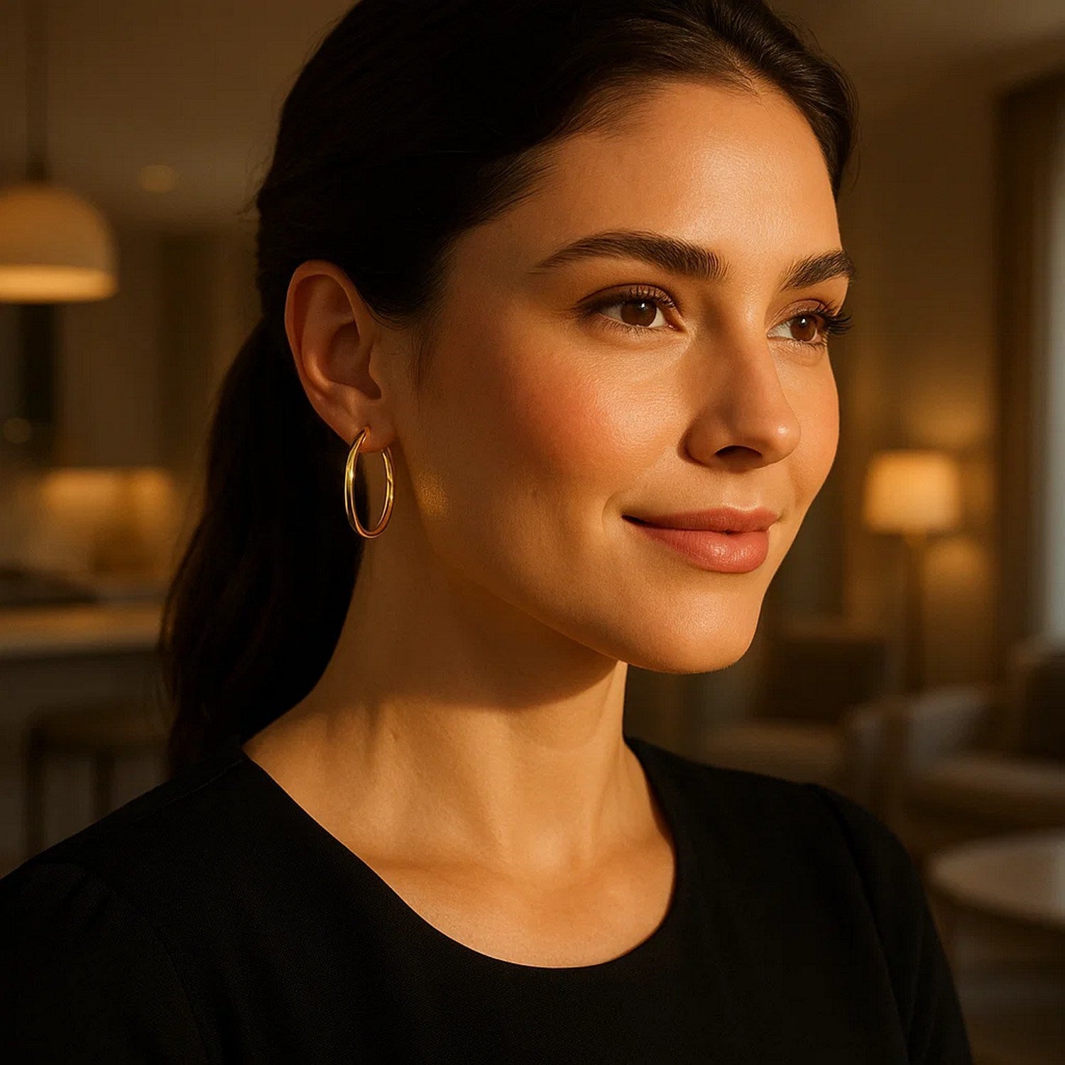 10k yellow gold polished hoop earrings on a woman with dark hair.