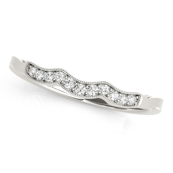 14k white gold wave-style wedding ring with milgrain detailing and prong-set diamonds.