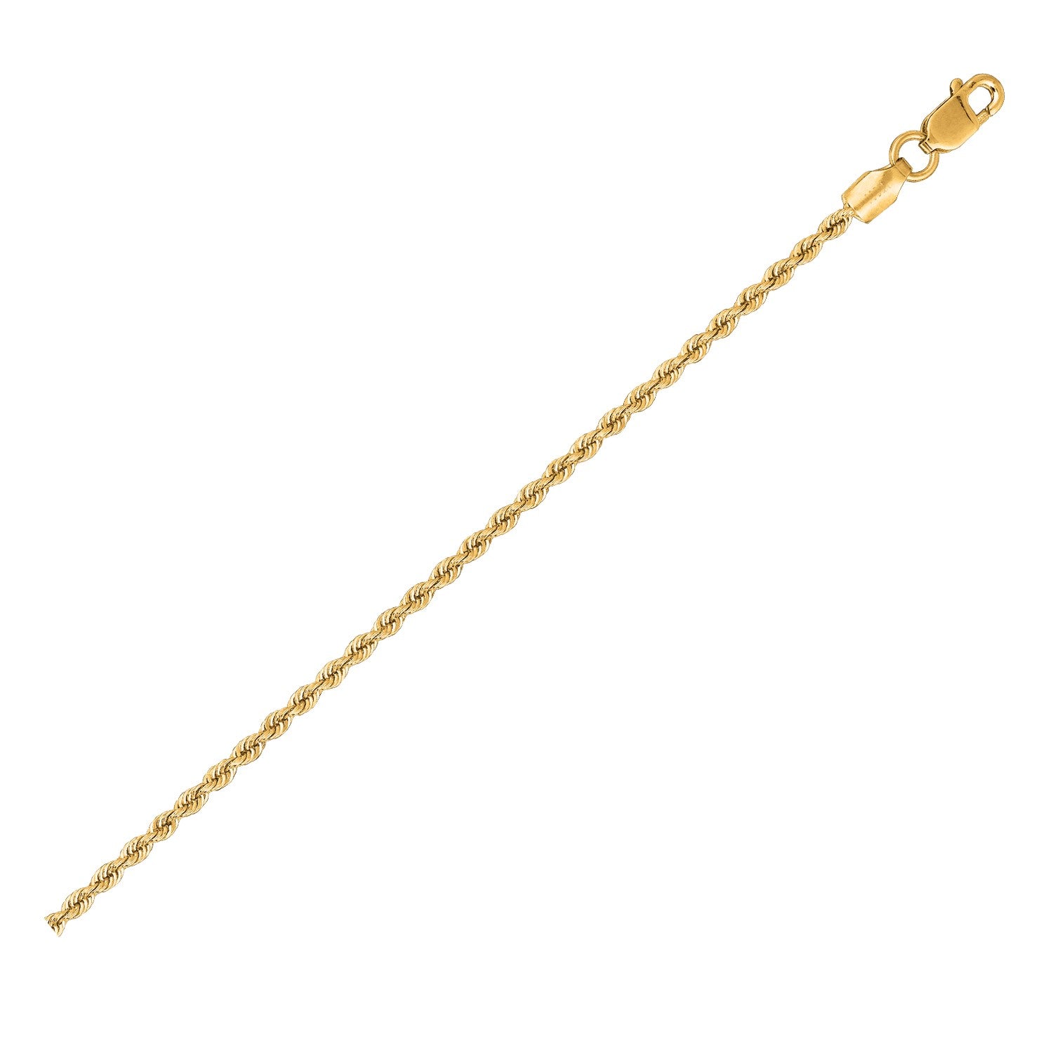 A 14k yellow gold solid rope chain with a lobster clasp.