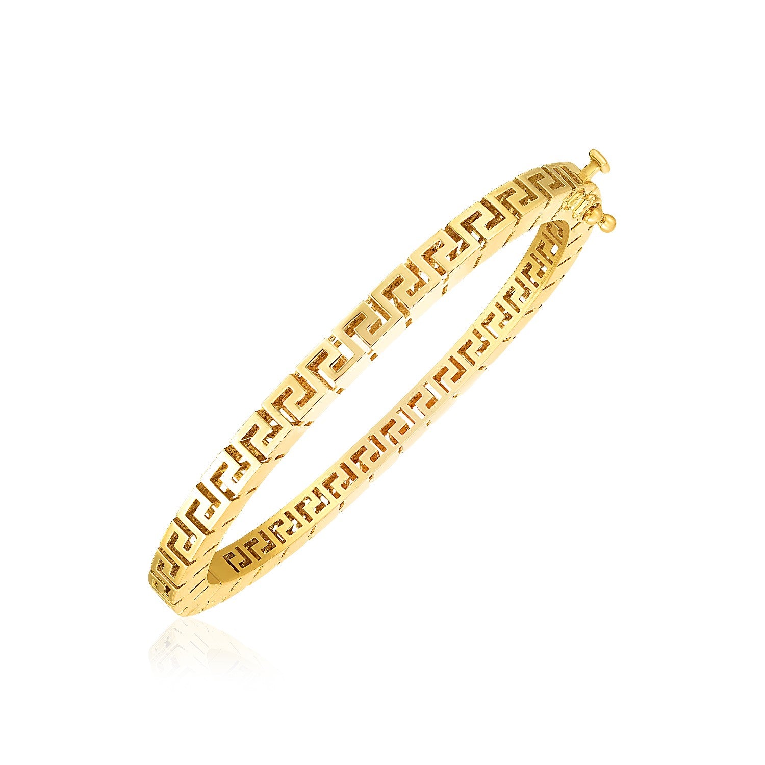 14k yellow gold high polish Greek Key bangle with a box clasp.