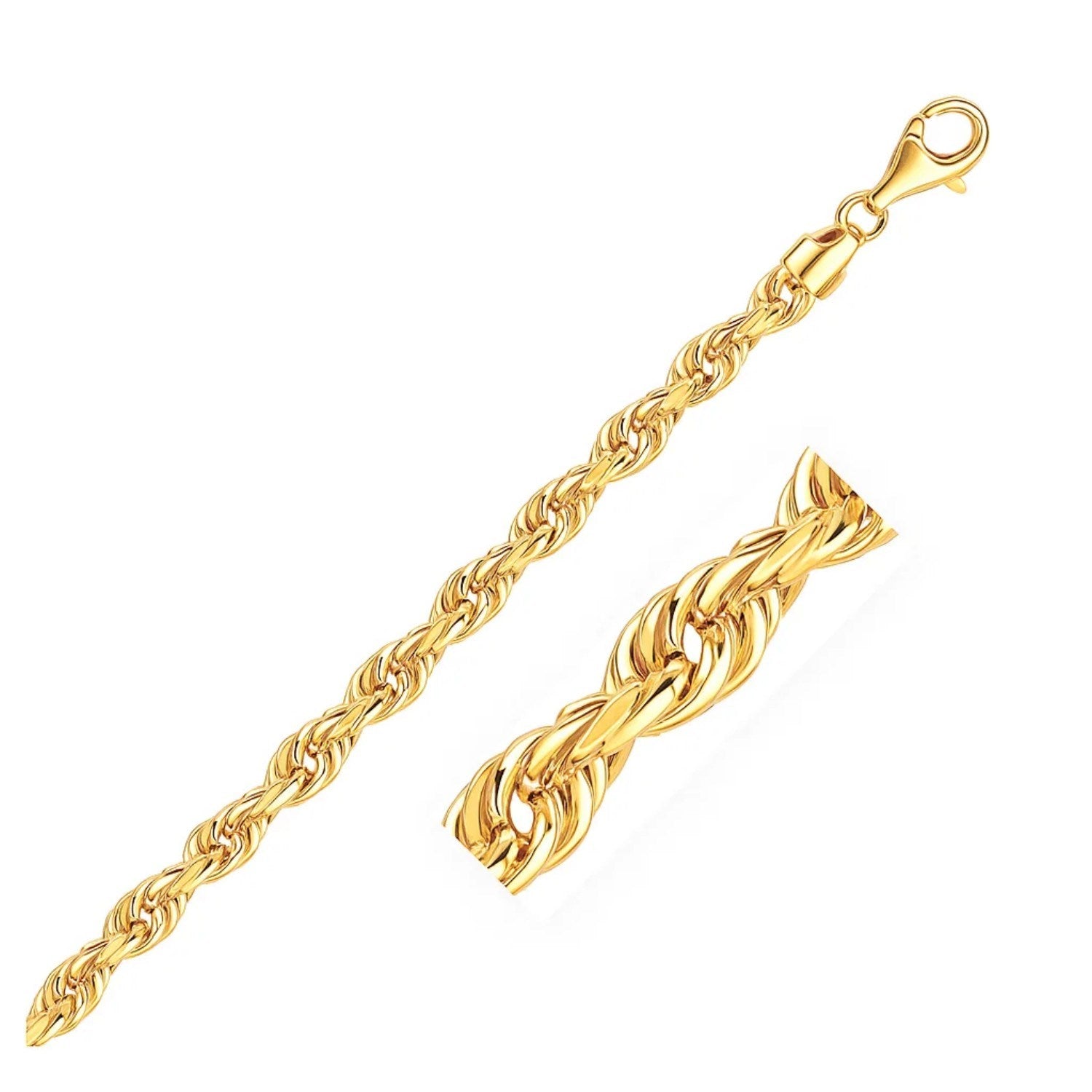 10k yellow gold solid diamond cut rope bracelet with a lobster clasp.