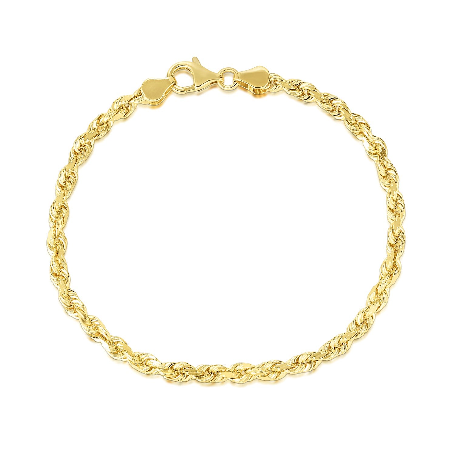 10k yellow gold solid diamond cut rope bracelet with a lobster clasp.