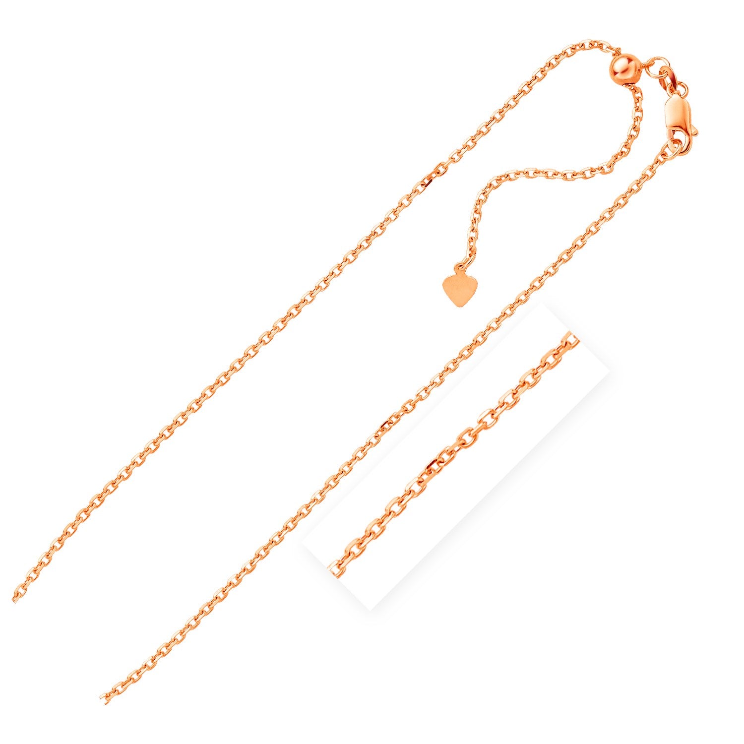 Rose finish sterling silver adjustable cable chain with a heart dangle and lobster clasp.