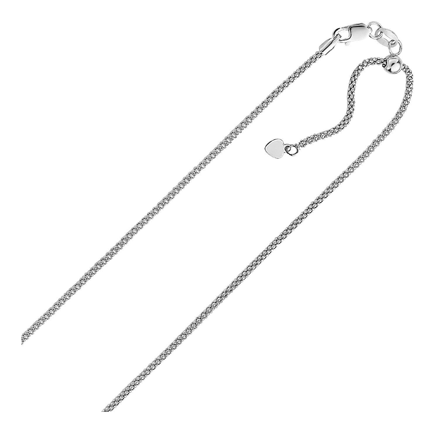 Sterling silver 0.8mm adjustable popcorn chain with a heart dangle and lobster clasp.