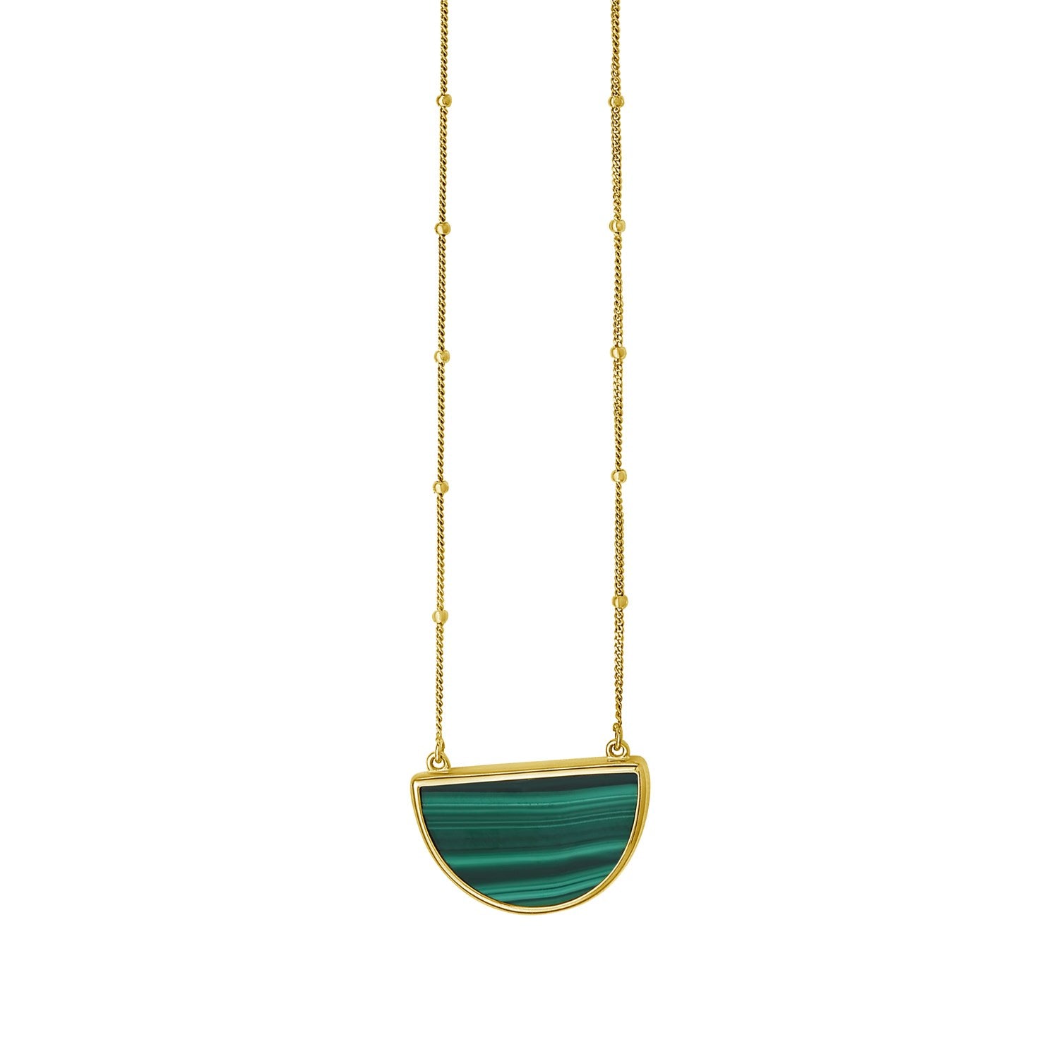 A 14K yellow gold necklace with a half-moon malachite pendant on a beaded chain.