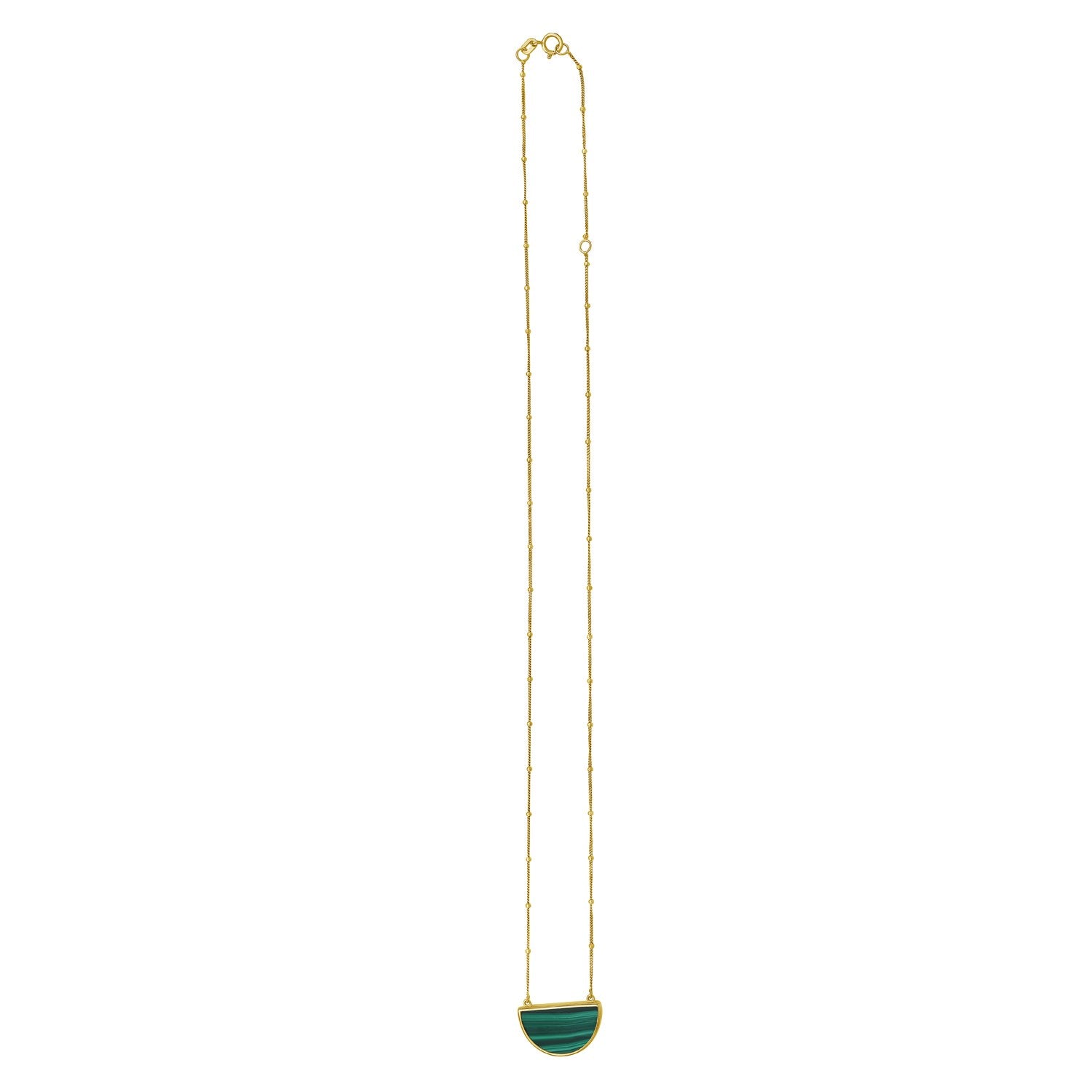 A 14K yellow gold necklace with a half-moon malachite pendant.