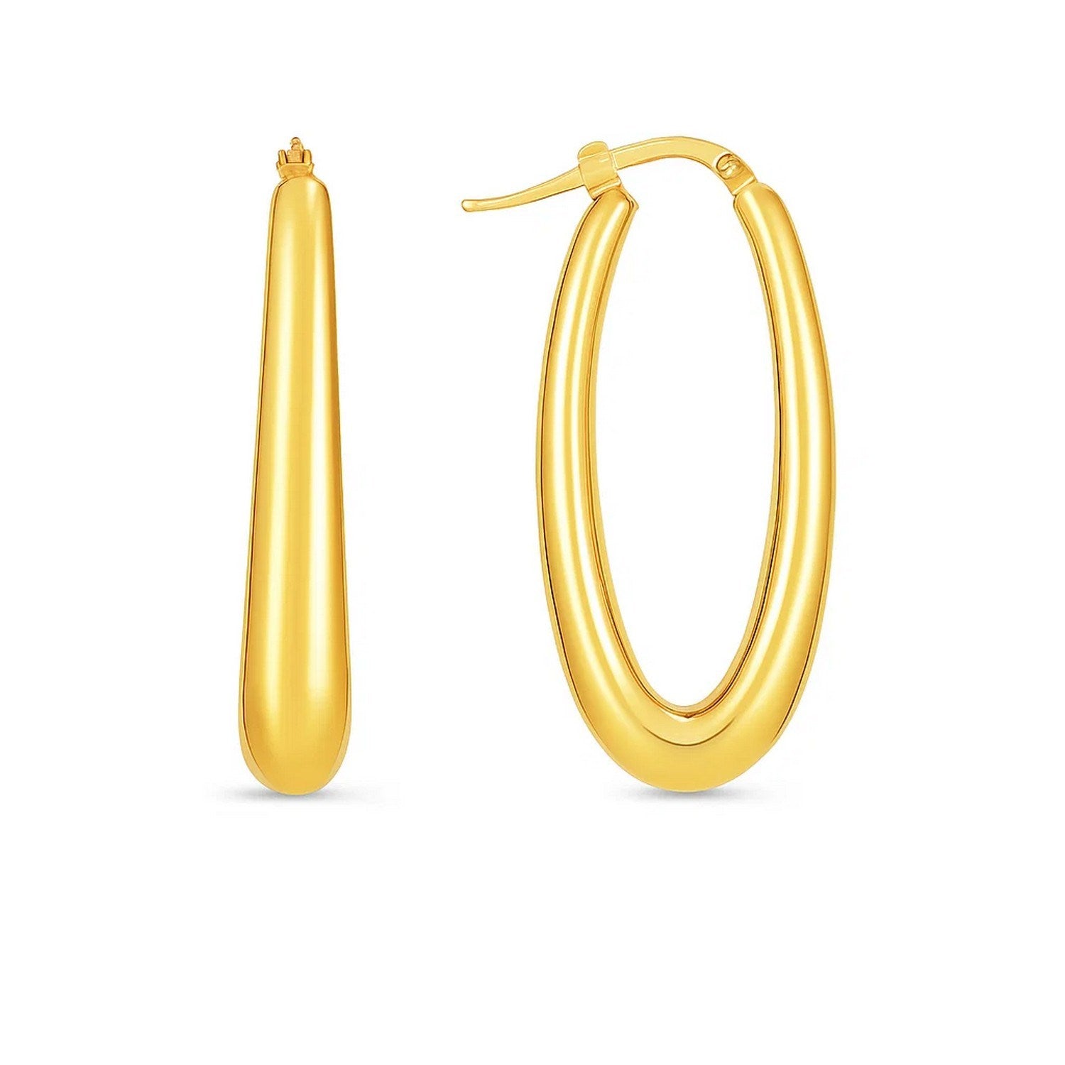 14k yellow gold elongated oval hoop earrings with a high polish finish.