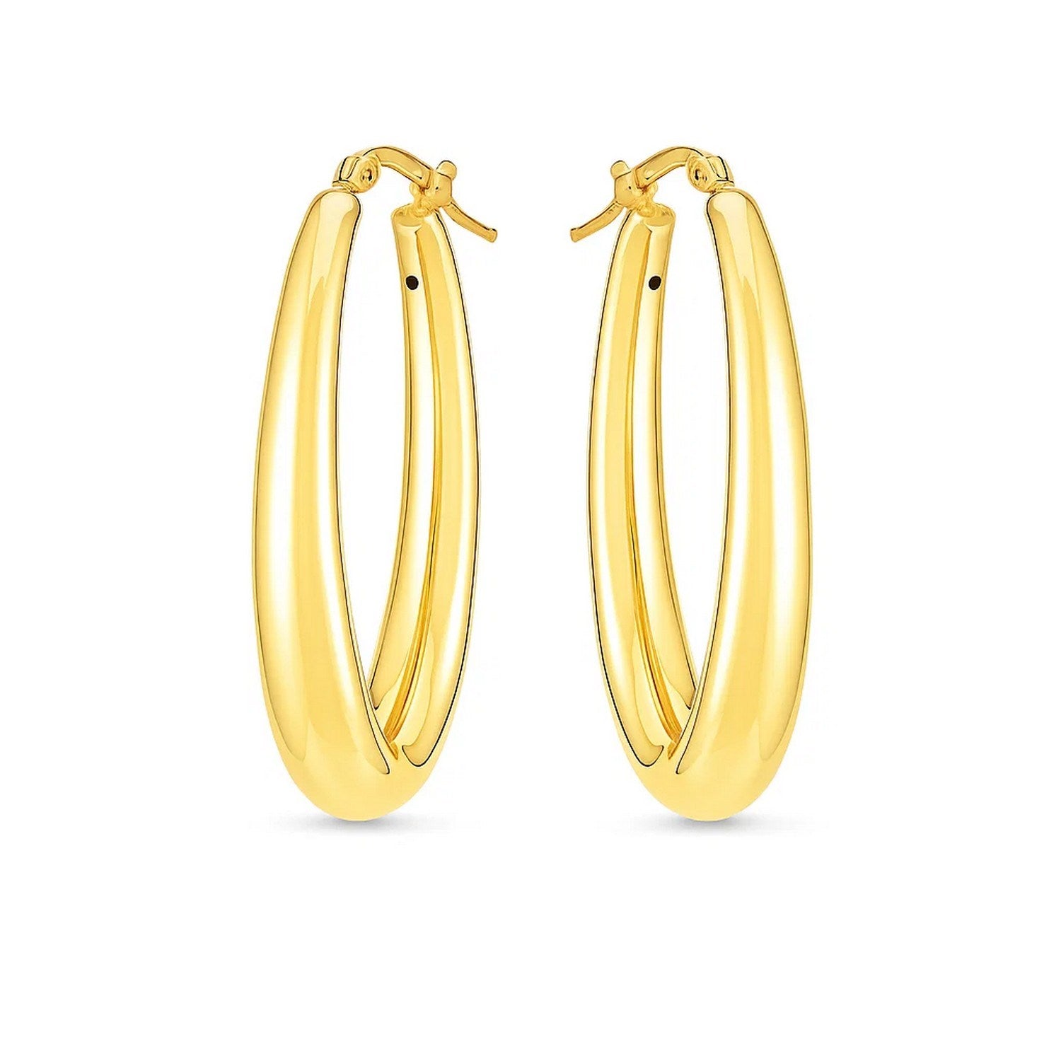 A pair of polished 14k yellow gold elongated oval hoop earrings with hinged snap backs.