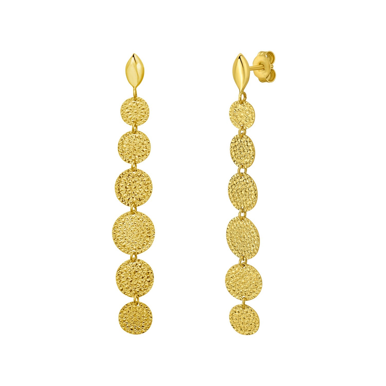 14K yellow gold hammered pebble drop earrings with push-back closures.