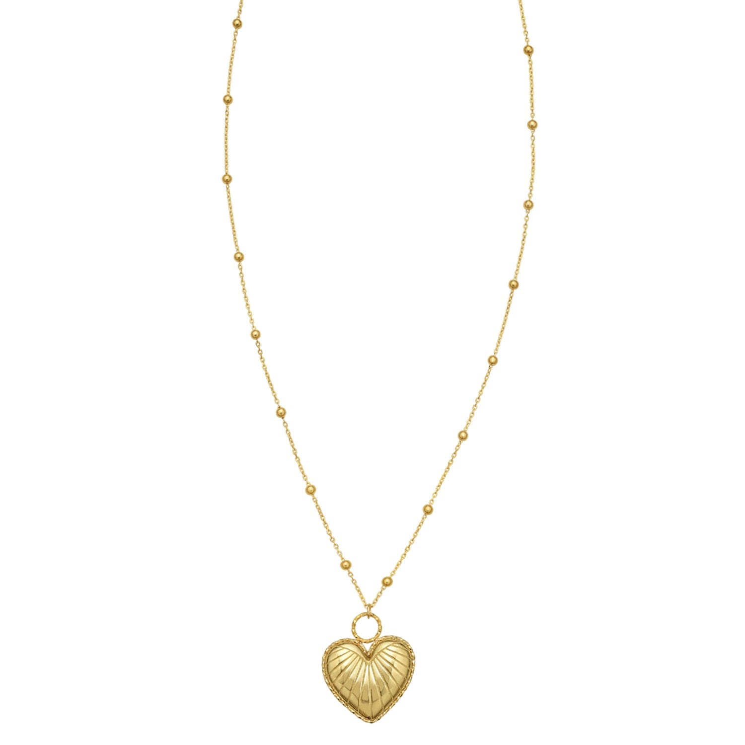 14K yellow gold vintage puffed heart necklace with a bead station chain.